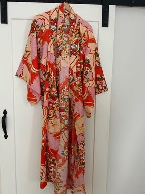 Floral Red and Peach Kimono Robe - Women's Intimates & Sleepwear